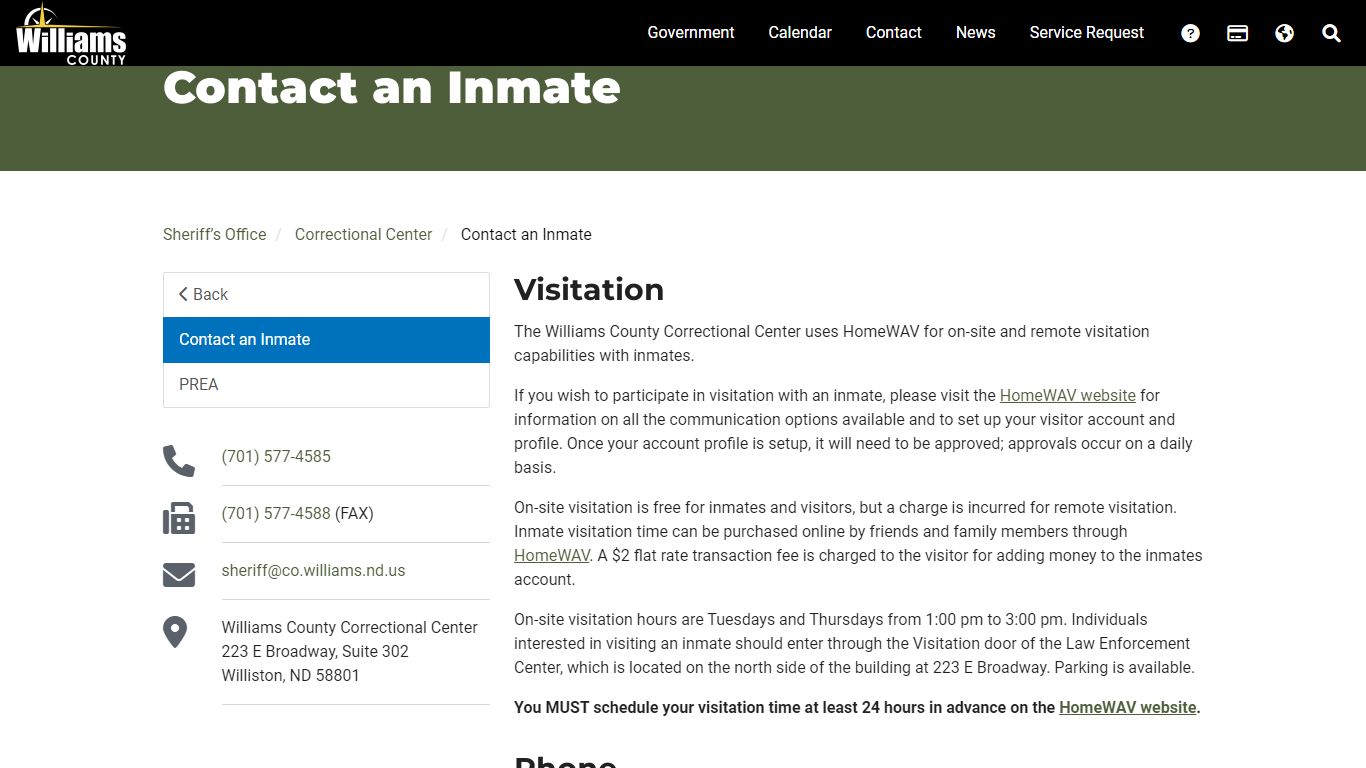 Contact an Inmate - Williams County, ND