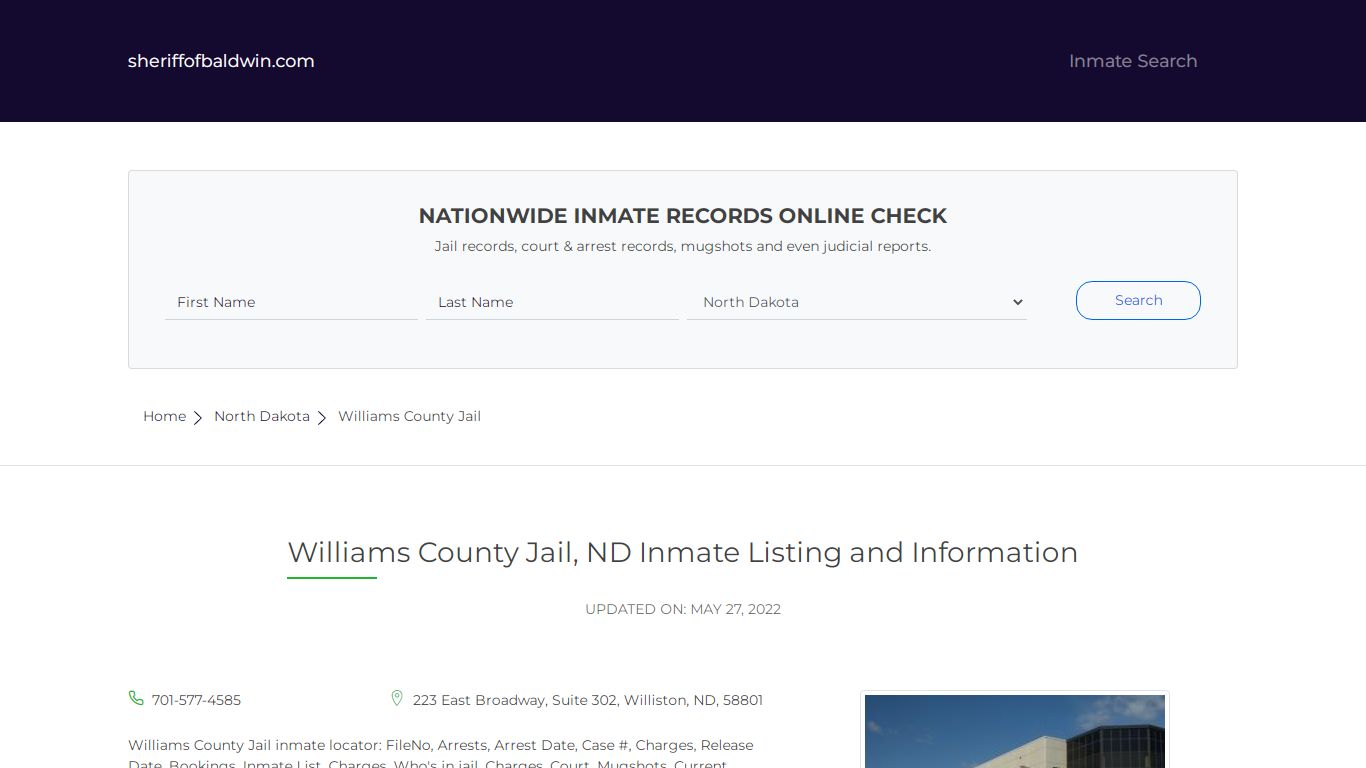 Williams County Jail, ND Inmate Listing and Information